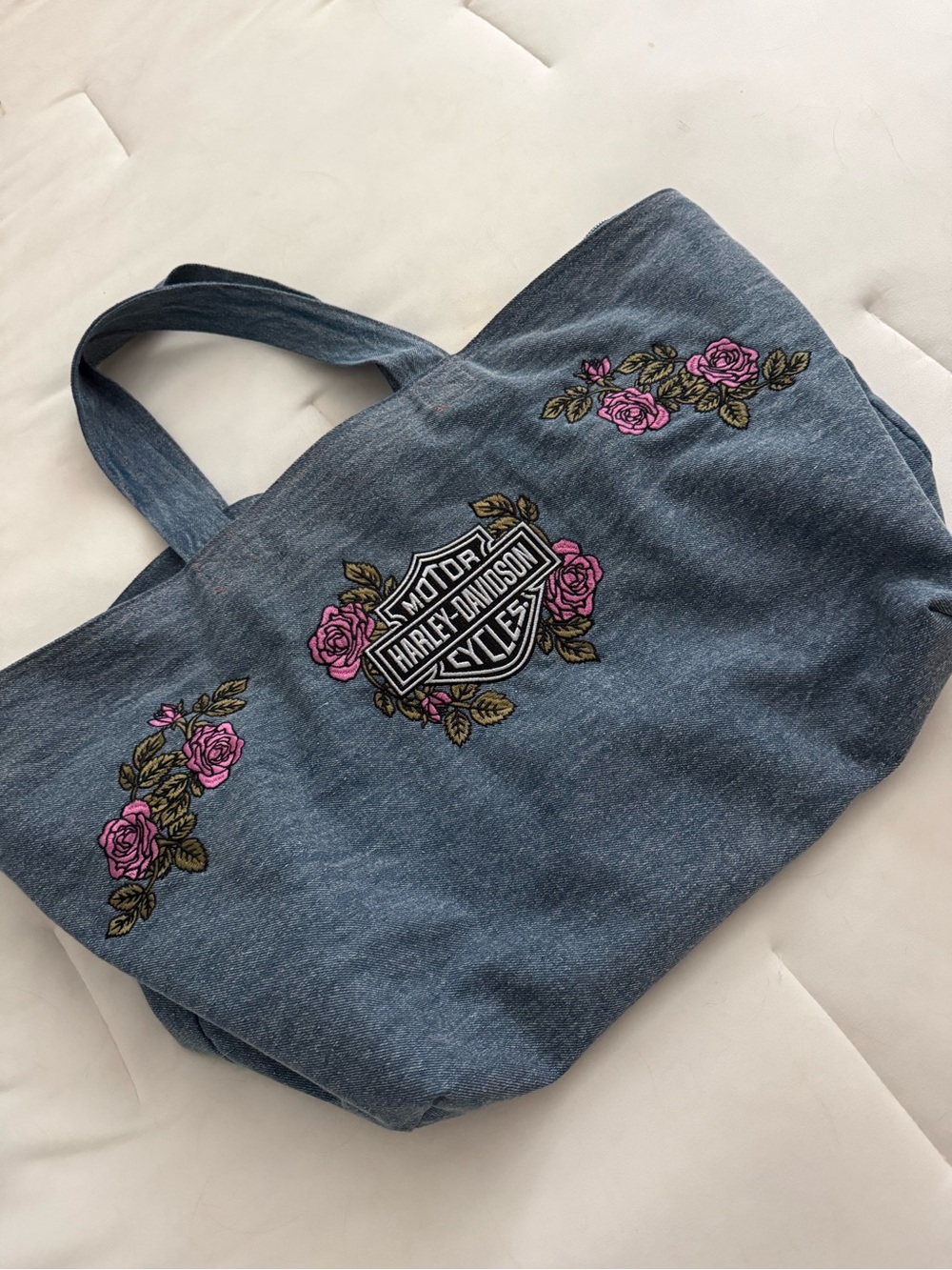 Harley-Davidson Denim Weekend Bag with Pink Rose Embroidery